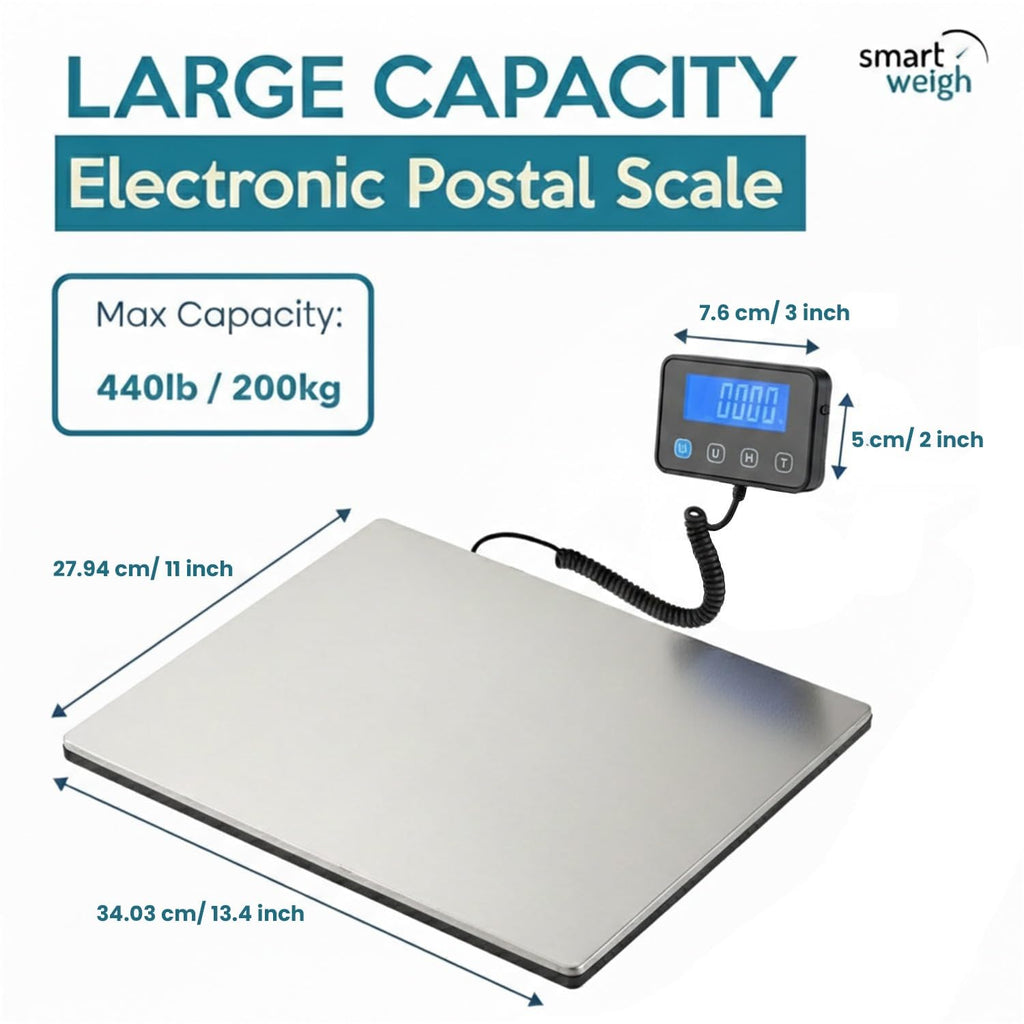 Digital Postal Shipping Scale, Heavy Duty Wide Platform, 440 lb Capacity, 2 oz Readability, Hold & Tare Function
