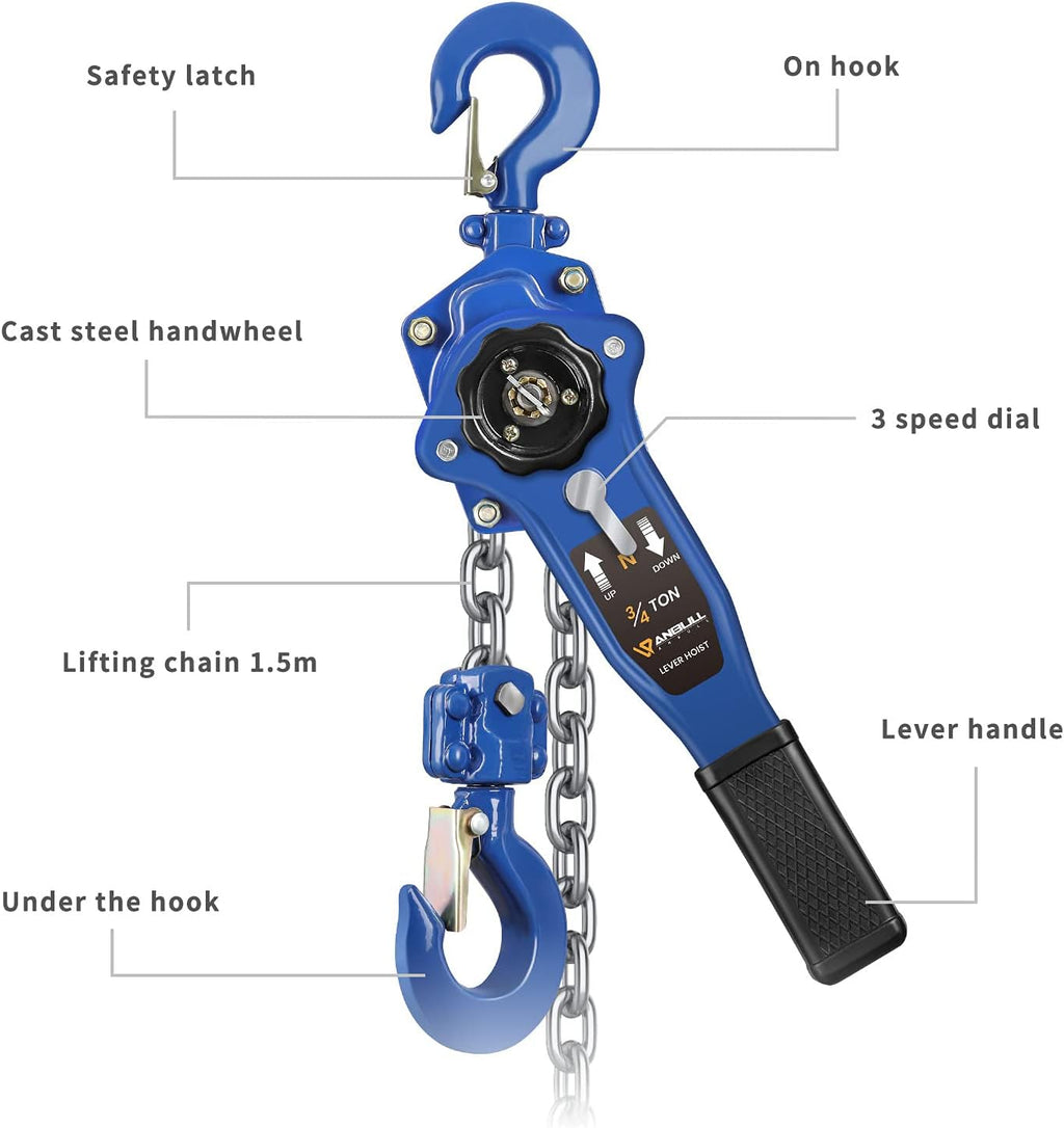 3/4 Ton Lever Chain Hoist,1650 LBS Capacity,5 FT Manual Ratchet Puller | Manual Chain Hoist with G80 Galvanized Chain
