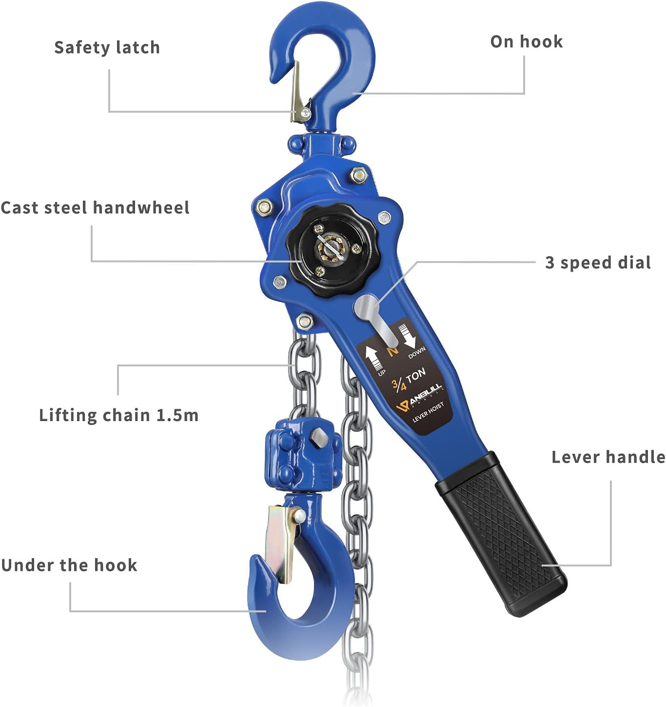 3/4 Ton Lever Chain Hoist,1650 LBS Capacity,5 FT Manual Ratchet Puller | Manual Chain Hoist with G80 Galvanized Chain