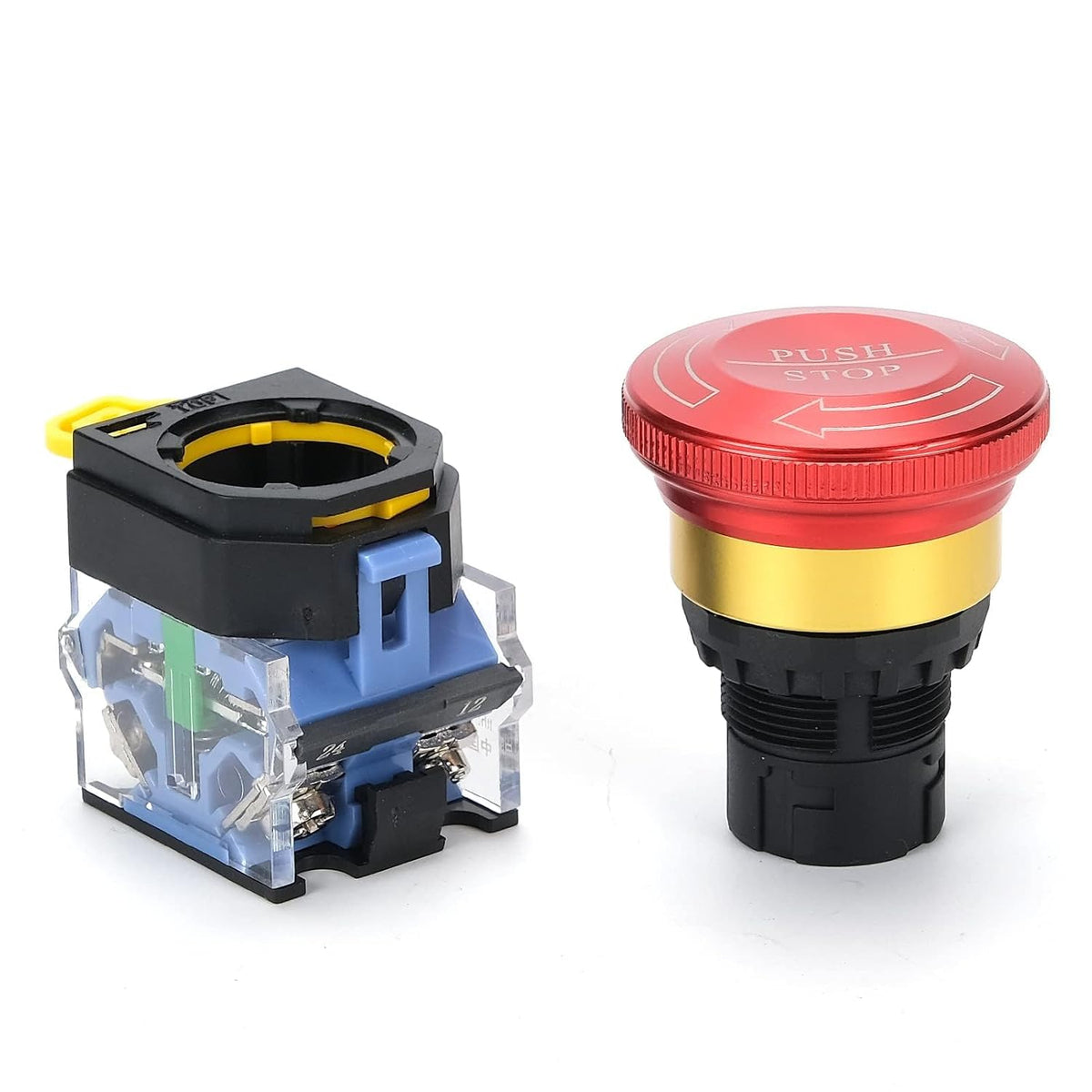 Emergency Stop Button 10A 440V Latching Push Button Switch, 22mm Aluminum Alloy Round E-Stop Button IP65 Waterproof Self-Locking Shut Off Switch