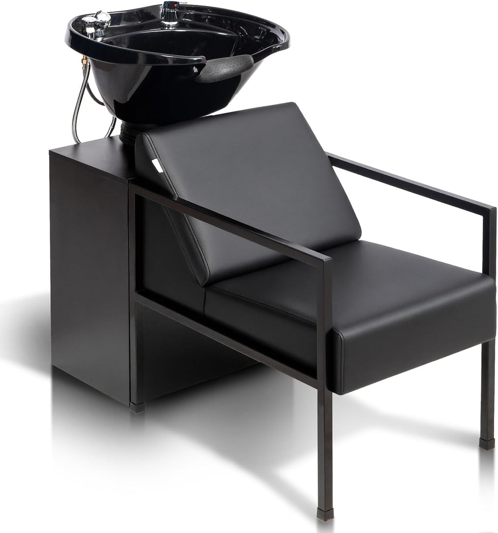 Salon Shampoo Bowl and Chair, Hair Washing Station w/Tilting Sink & Storage Cabinet, Backwash Barber Chair for