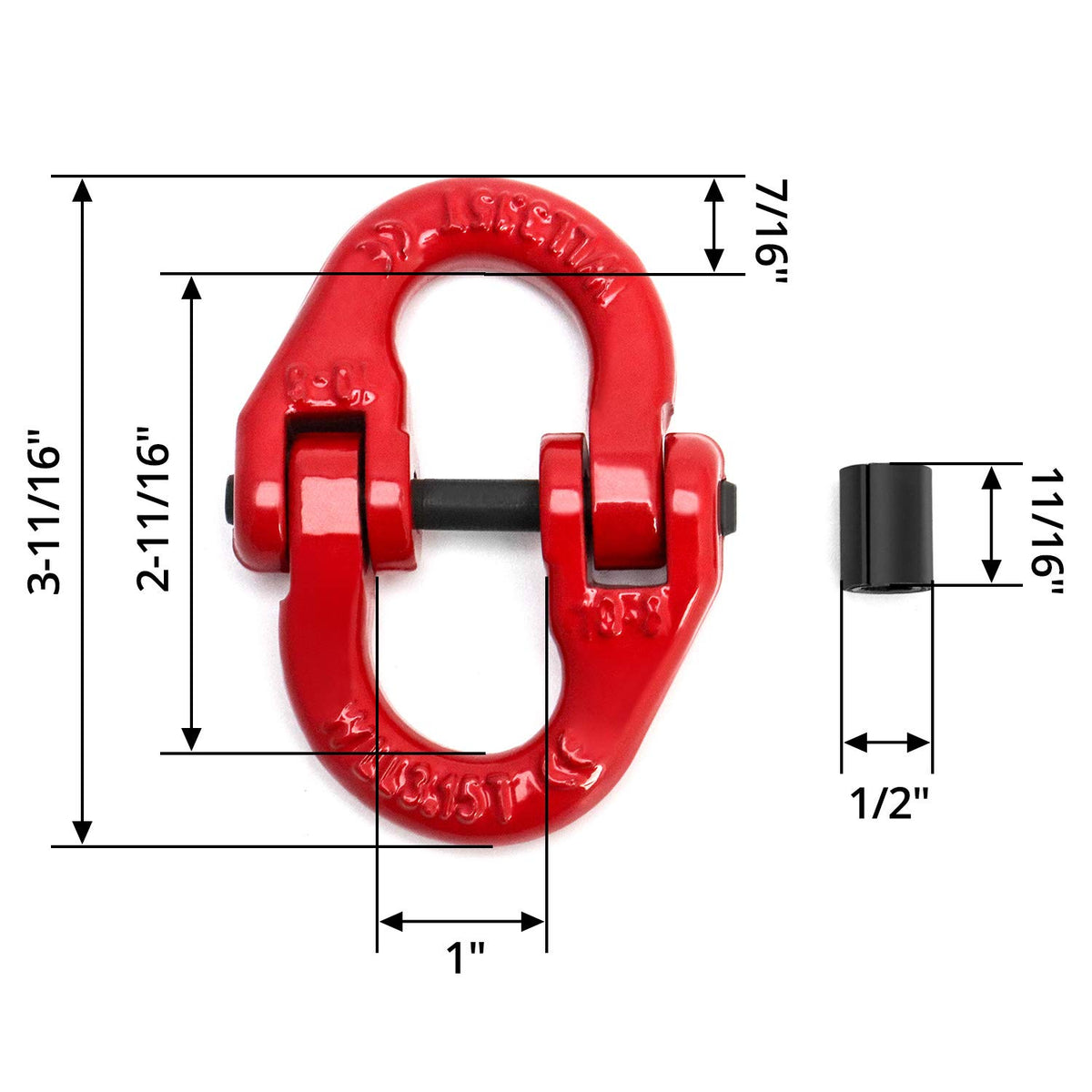 QWORK G80 Alloy Steel Hammerlock Coupling Link Connecting Link, 3/8", Red Painted, 7100 lbs Working Load Limit, 4 Pack