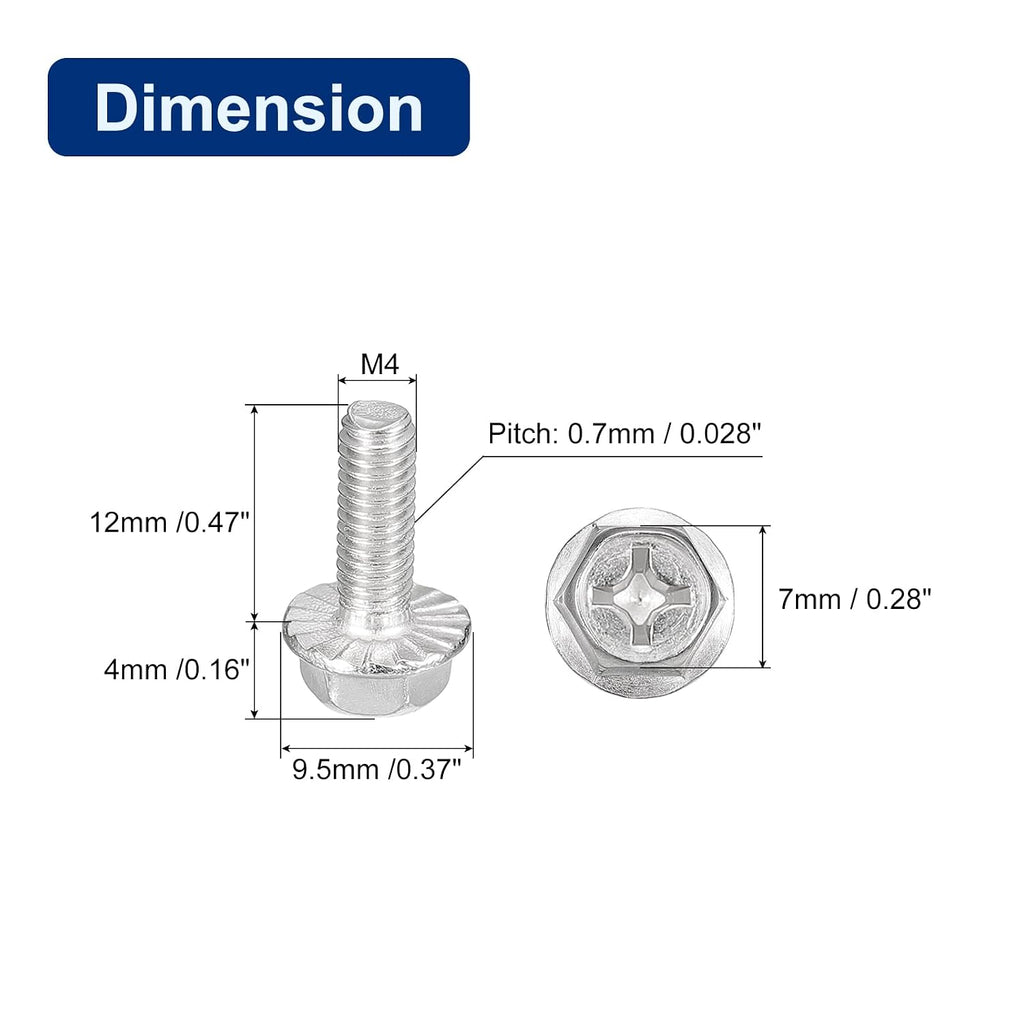uxcell 10pcs M4x12mm Phillips Hex Head Flange Bolts, 304 Stainless Steel