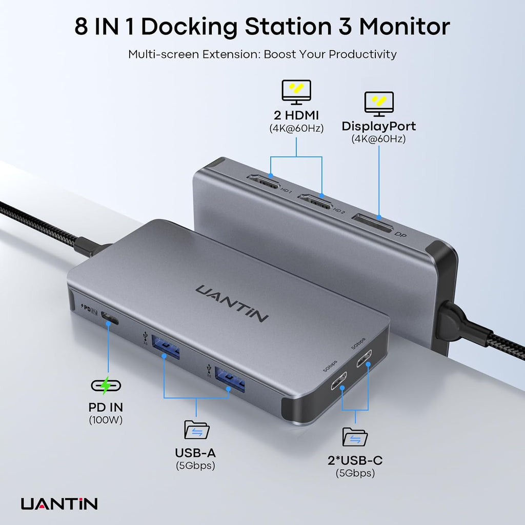 Laptop Docking Station 3 Monitors, 8-in-1 USB C Dock with 2 HDMI, DP | USB C Docking Station Dual Monitor with
