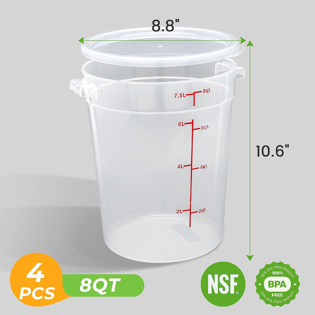4 Pack 8 Qt Round Food Storage Containers with Lids, Translucent PP