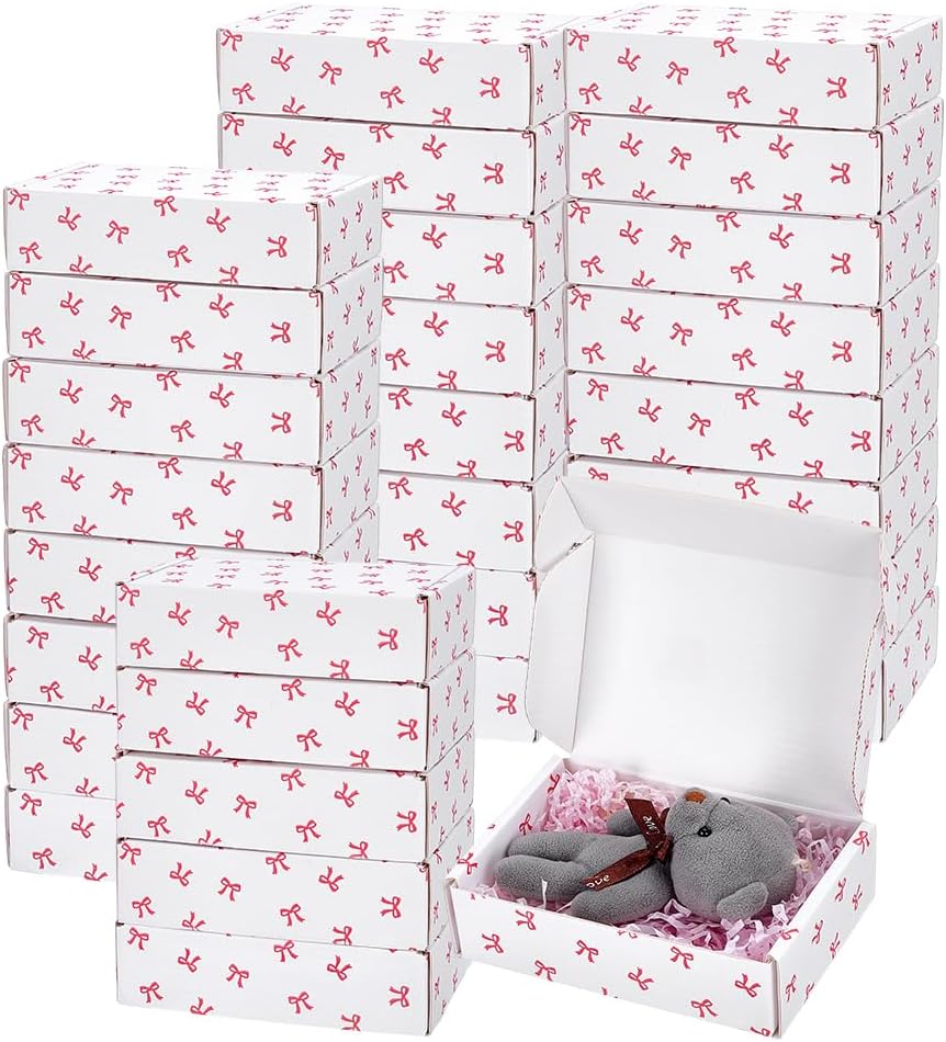 30pcs Bowknot Printed Gift Box White Cardboard Small Shipping Boxes 5.9x3.9x1.6 inch Mailer Boxes for Mother’s Day