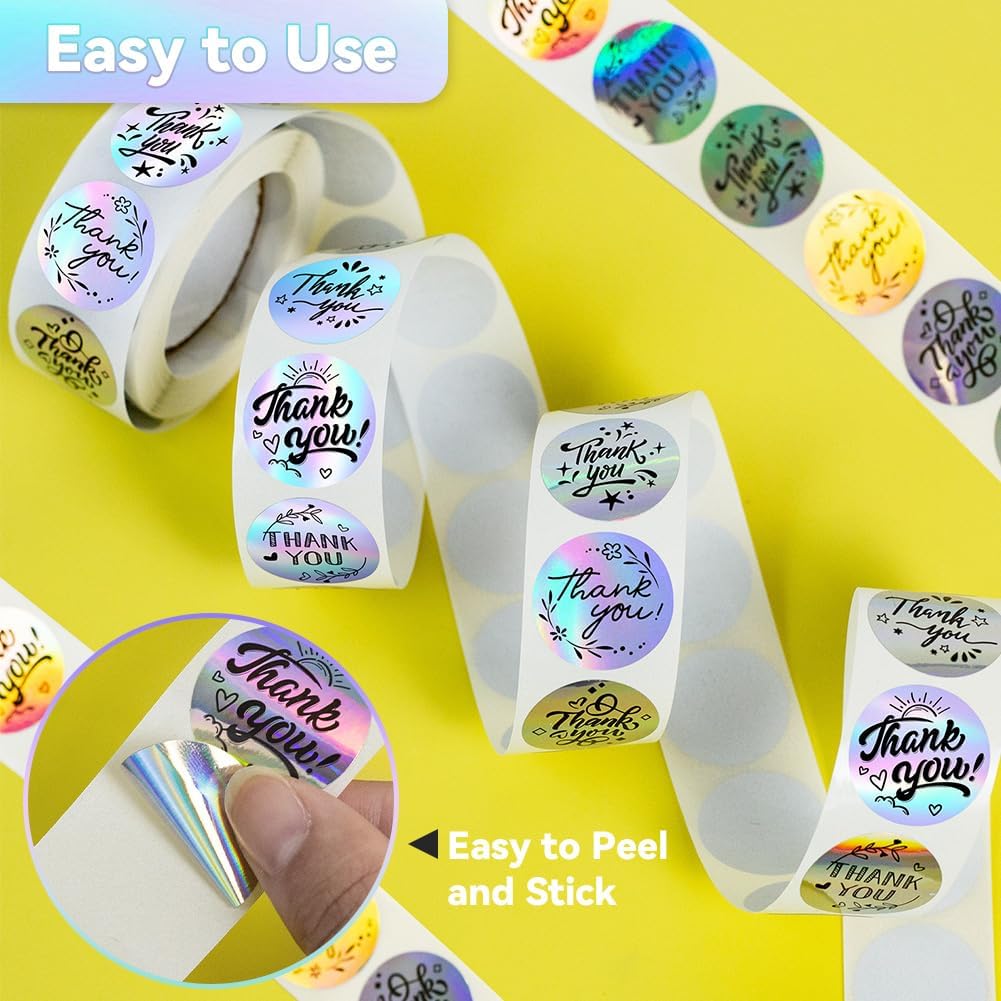 1000-Pack Holographic Thank You Stickers, 1-Inch Waterproof Labels