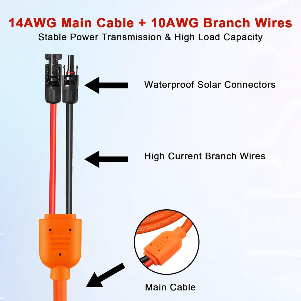 Solar Extension Cable 10FT, 14AWG Tinned Copper with Solar Panel Connectors, 10AWG Red & Black Branch Wires, Heavy