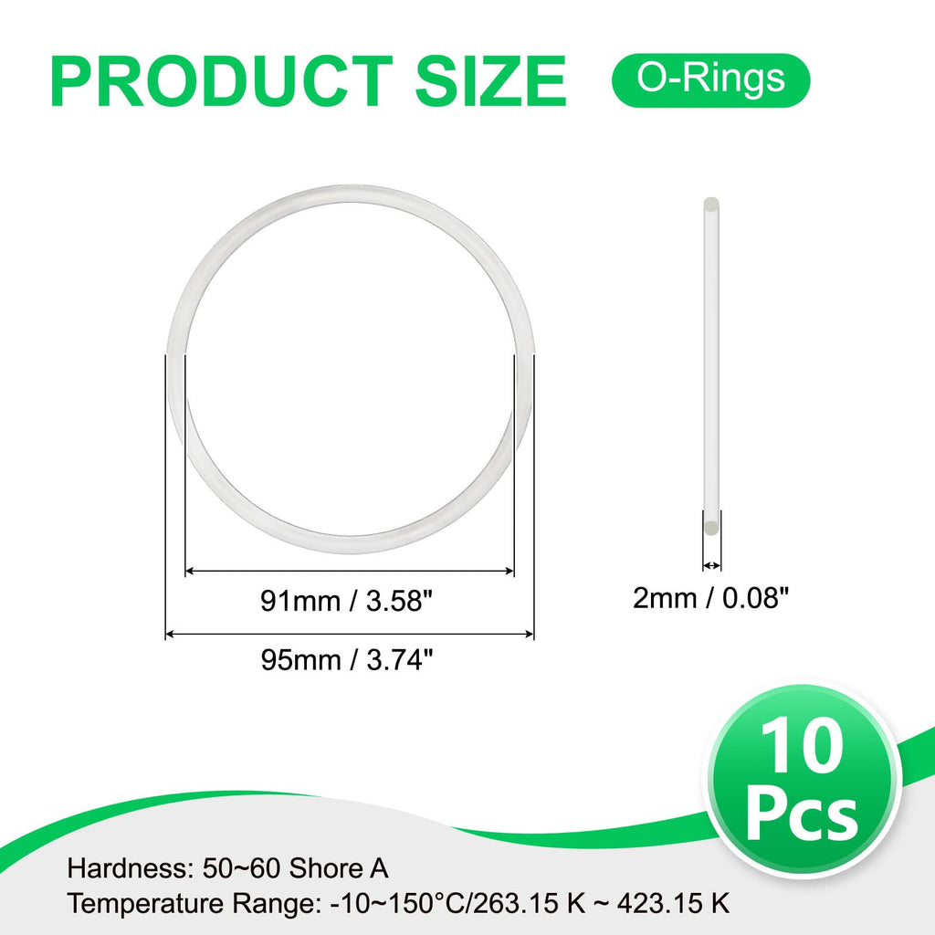 DEFANEX 10pcs Silicone O-Ring 95mm OD 91mm ID 0.5mm Width White