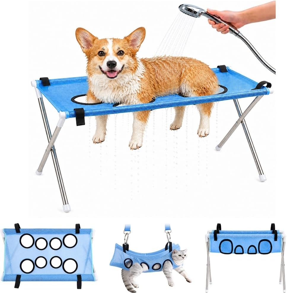 Dog Grooming Hammock Stand, Foldable Dog Bath Holder Sling Shower Chair