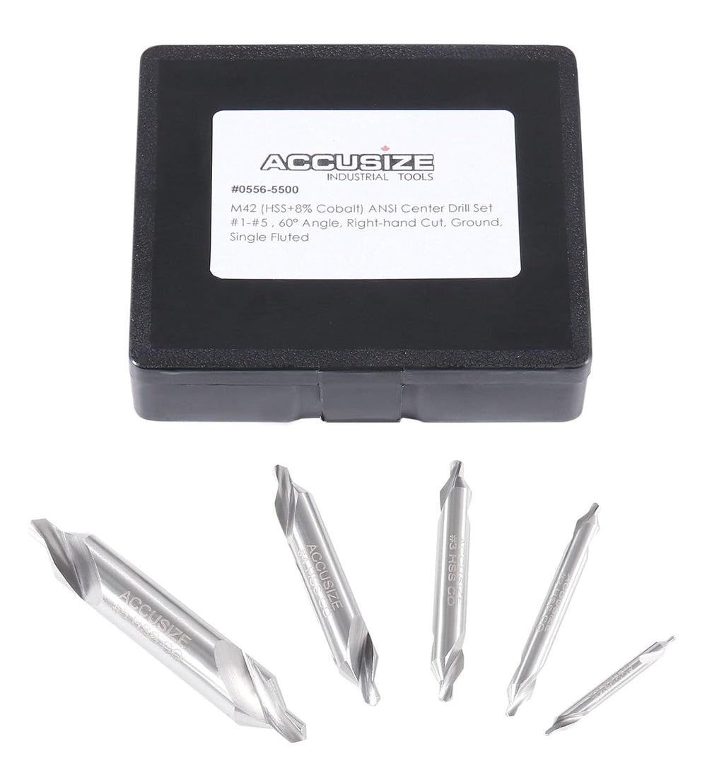 Accusize Center Drill Set, #1-#5, 3/64"-3/16", 5-Pc, M42 Cobalt, 0556-5500