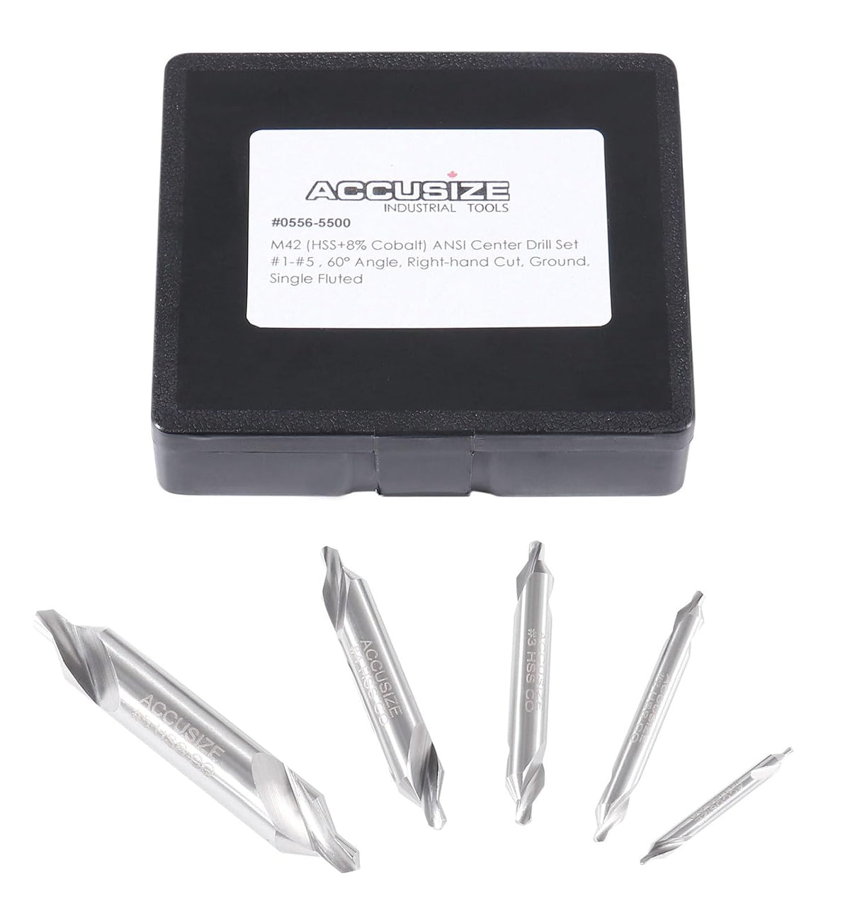 Accusize Center Drill Set, #1-#5, 3/64"-3/16", 5-Pc, M42 Cobalt, 0556-5500