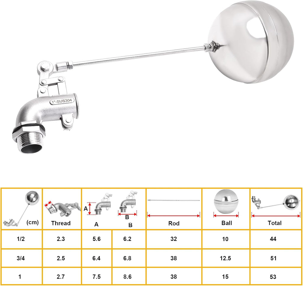 Adjustable Float Ball Valves - 1" NPT Male Thread Stainless Steel 304 Elbow Flow Control Float Valve for Automatic Water Level Control Tank Pond Water Tower