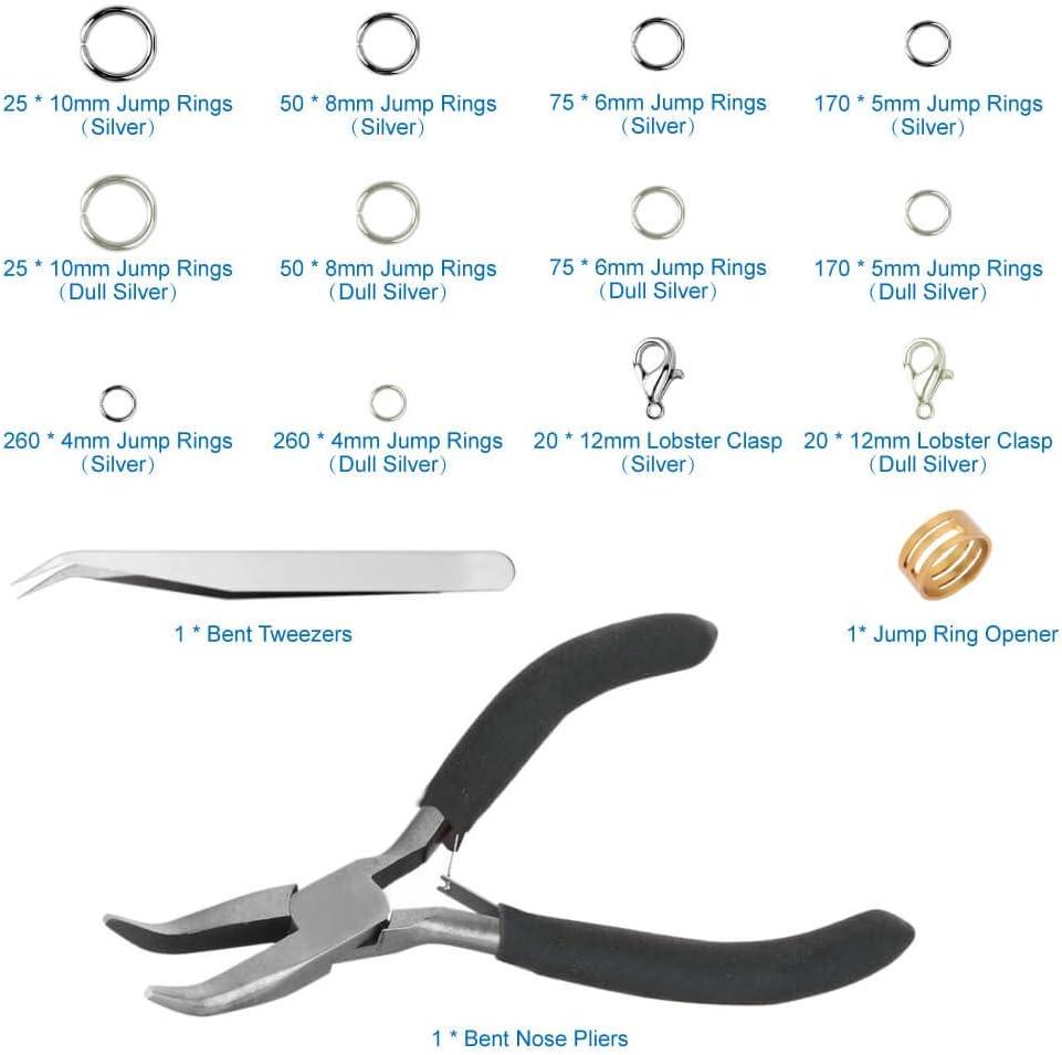 Jump Rings for Jewelry Making Supplies with Jump Ring Pliers (1200Pcs Dull Silver and Bright Silver)