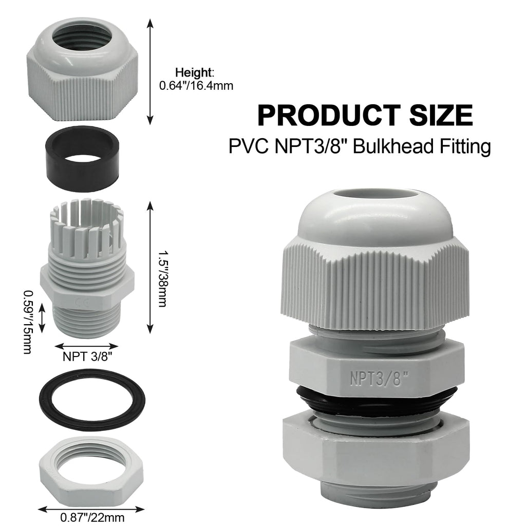 Rierdge 12 Pack 3/8" NPT Cable Glands, Grey, 5-10mm