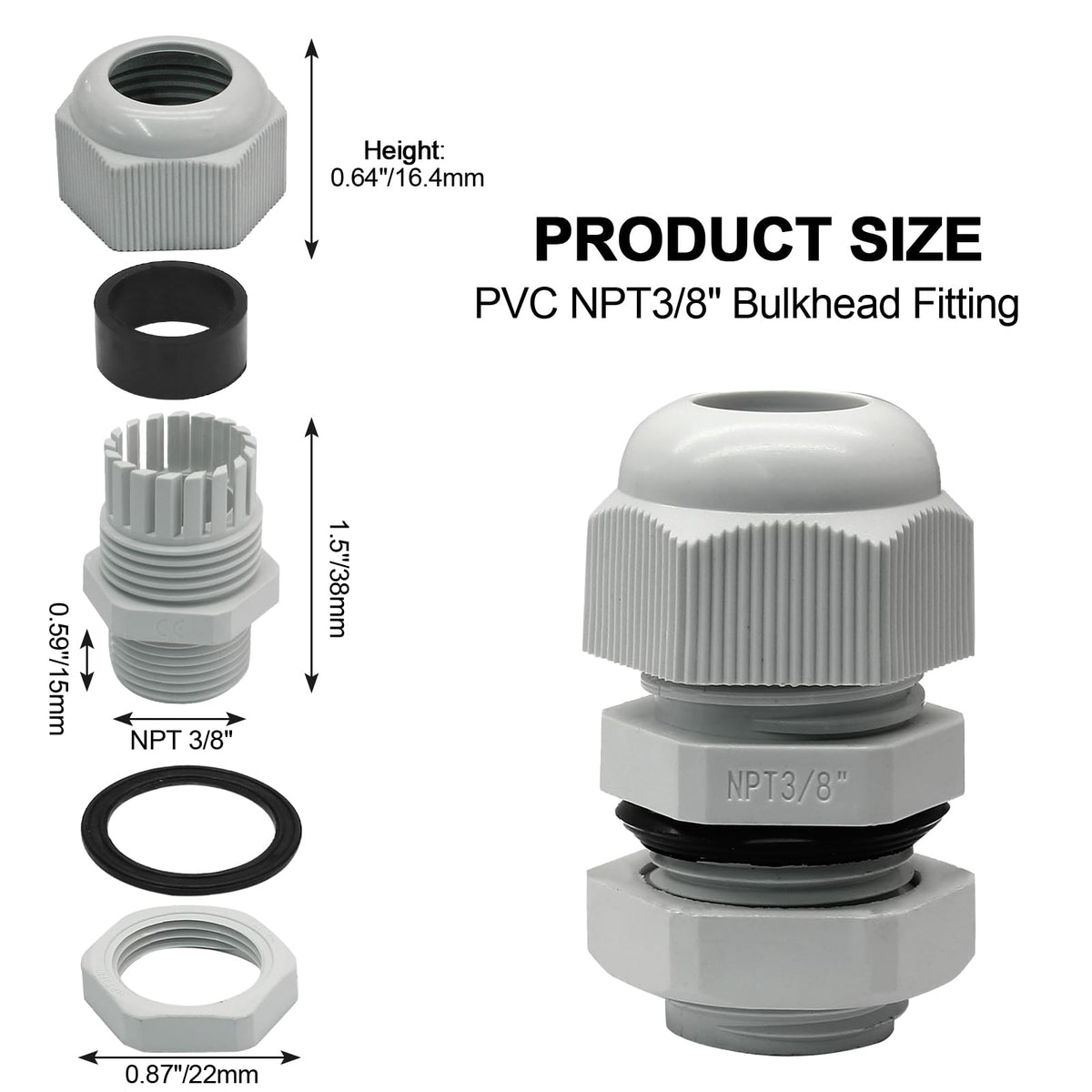 Rierdge 12 Pack 3/8" NPT Cable Glands, Grey, 5-10mm