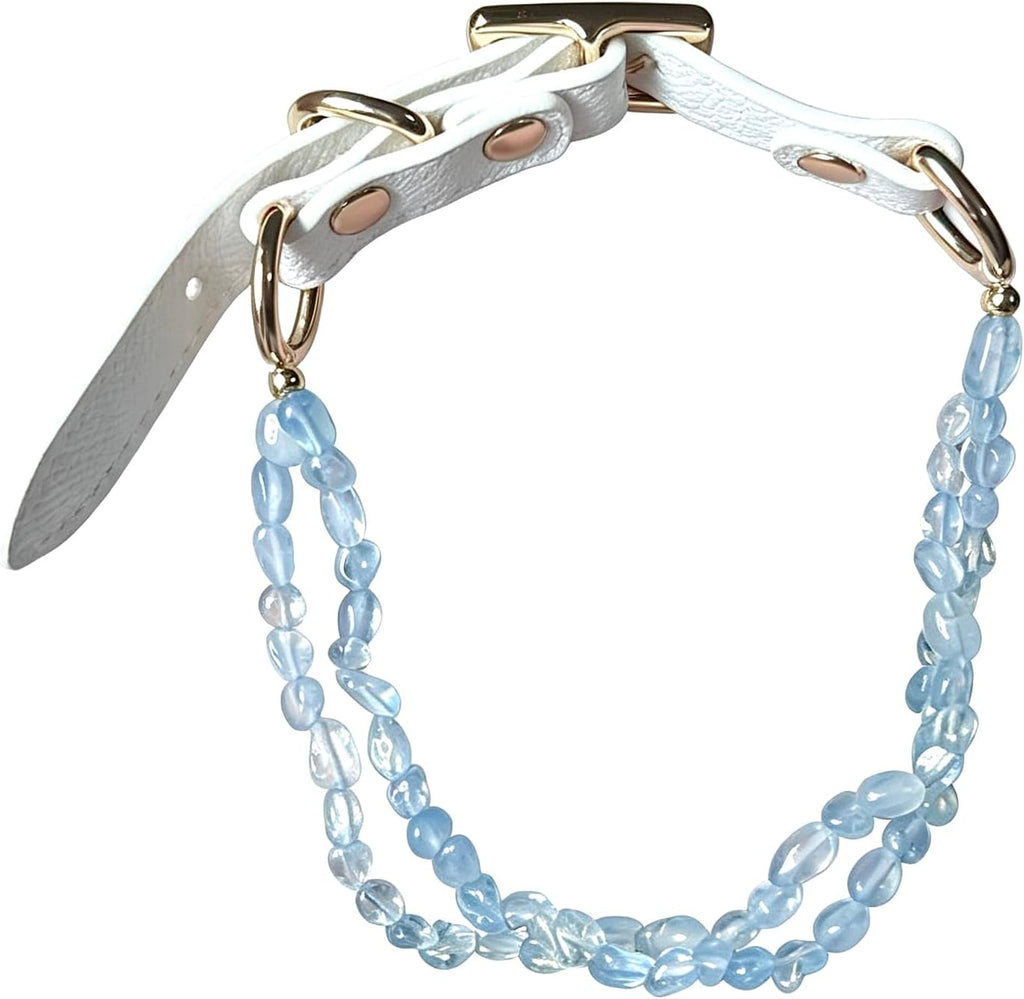 Aquamarine Beaded Decorative Pet Collar, 5mm Natural Light Blue Crystal Beads, Double-Layer Design, Soft PU Leather