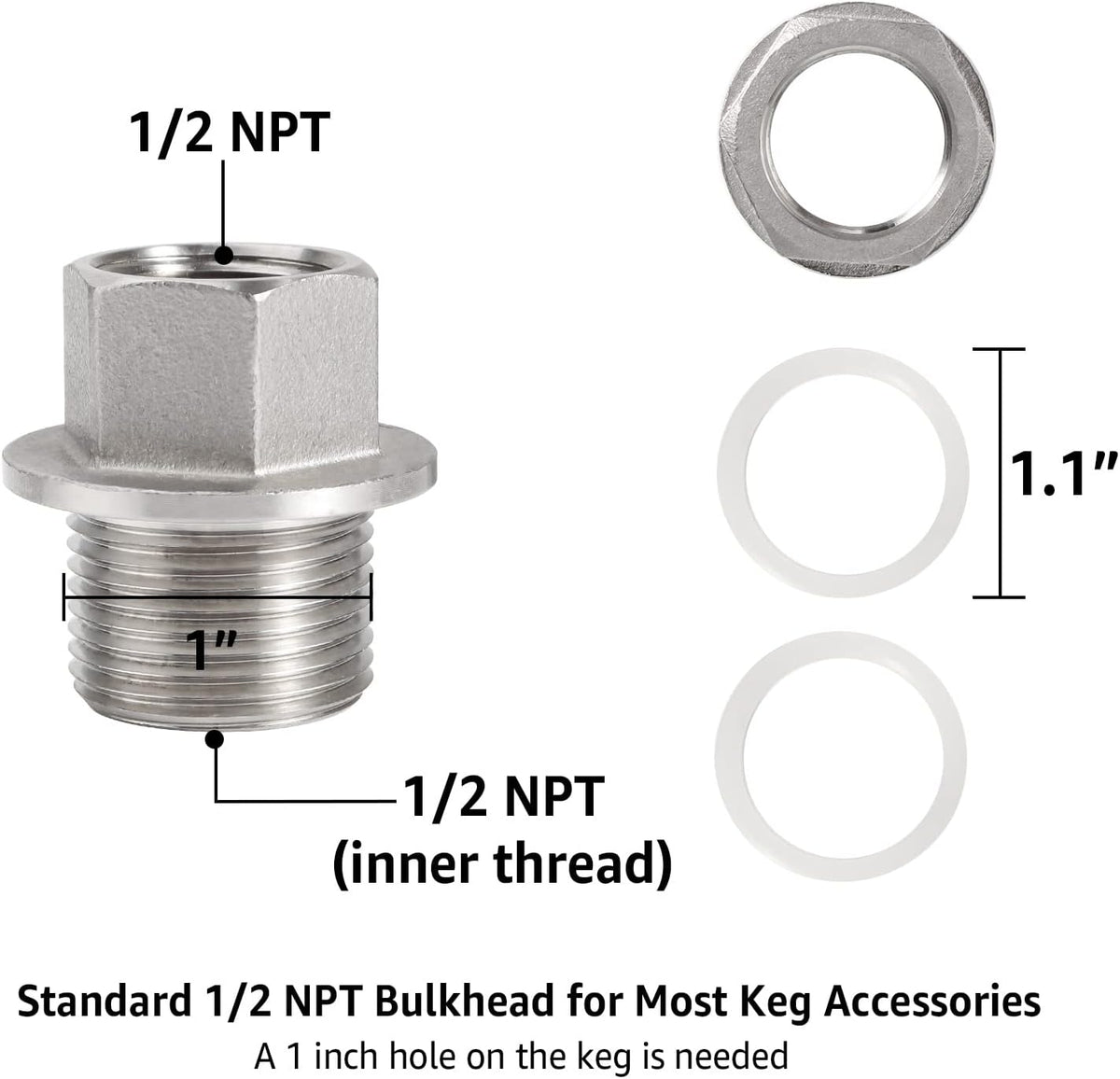 FERRODAY Stainless Steel 1/2" NPT Weldless Bulkhead, Fitting with 2 Gaskets