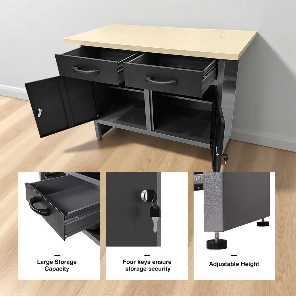 Steel Workbench with Two Drawers & Two Cabinets, Includes 3 Metal Pegboards and 22 Hooks, Wooden Tabletop for Garage