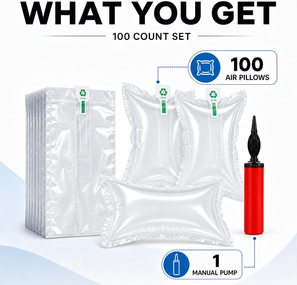 Air Pillows for Shipping with Manual Hand Pump, 100 Count Inflatable Packing Pillows, Void Fill Cushioning for