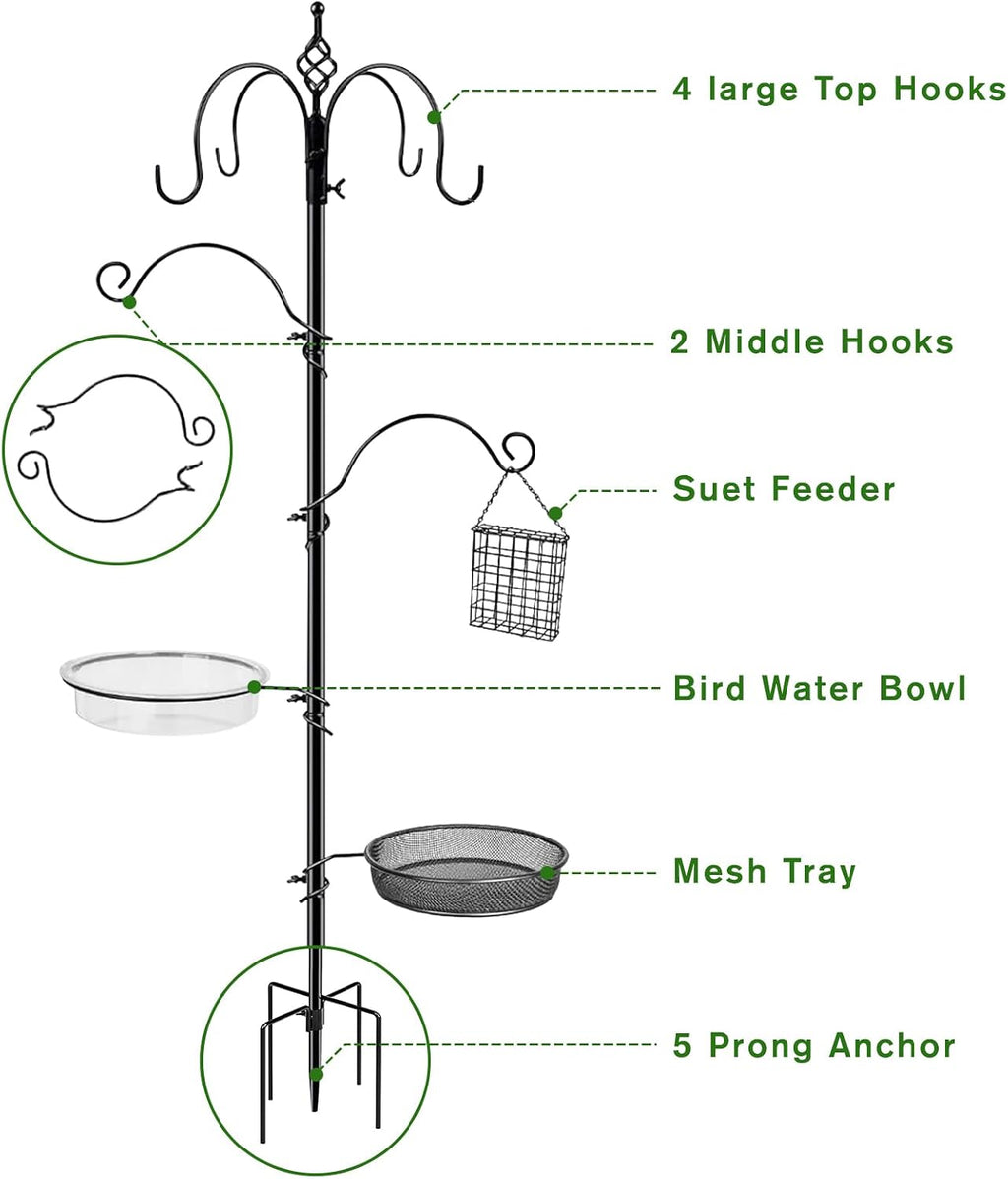 Bird Feeding Station, 90.55in 6-Hook Wild Bird Feeder Stand Pole with Water & Mesh Tray Humming Bird Feeders for