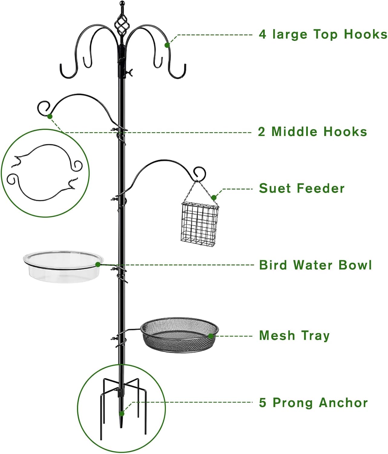 Bird Feeding Station, 90.55in 6-Hook Wild Bird Feeder Stand Pole with Water & Mesh Tray Humming Bird Feeders for