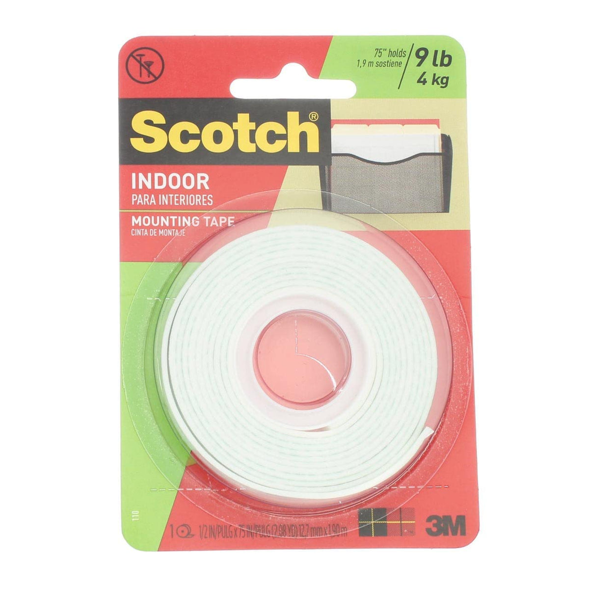 Indoor Mounting Tape, White, 0.5 in x 75 in (Pack of 4)
