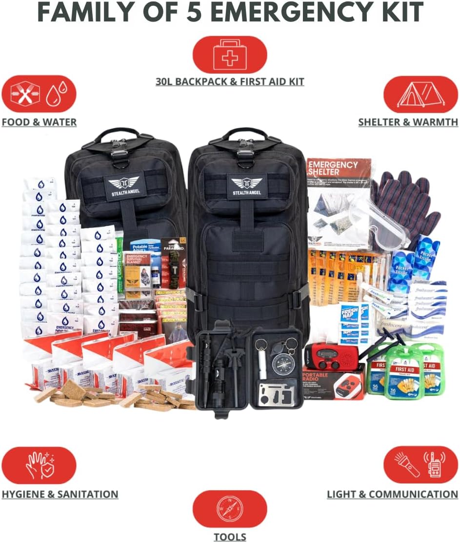 Survival - 72 Hour Family Emergency Kit - 1-5 Person Survival Bag for Earthquakes, Hurricanes, and Other Natural