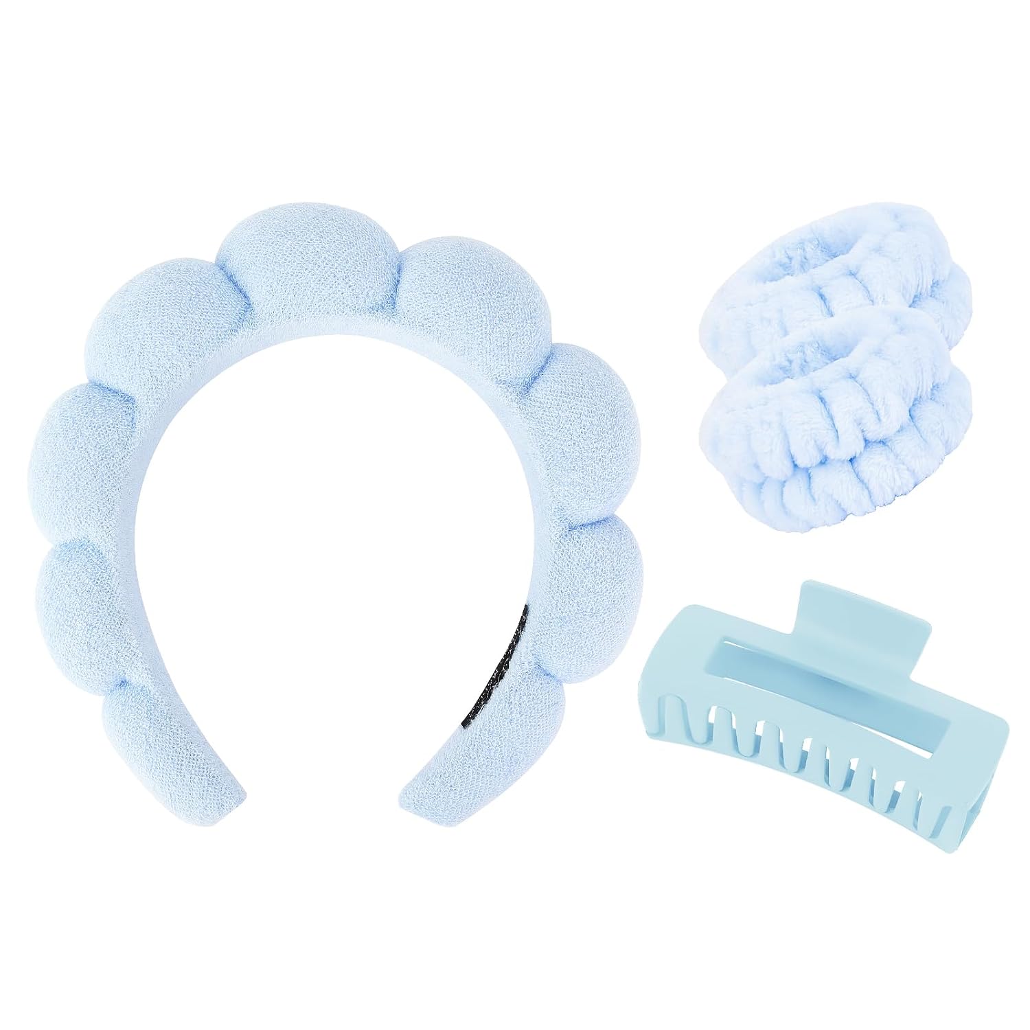 Spa Headband And Wristband Set Skincare Headband For Washing Face Hair Claw Clips For Thick Hair Cute Blue Puffy