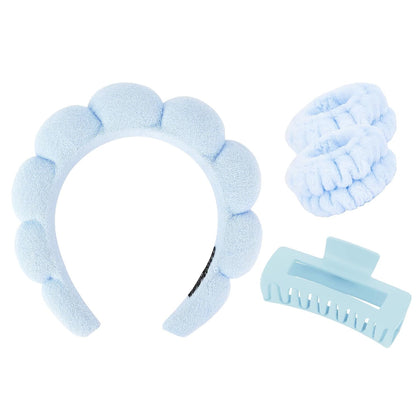 Spa Headband And Wristband Set Skincare Headband For Washing Face Hair Claw Clips For Thick Hair Cute Blue Puffy