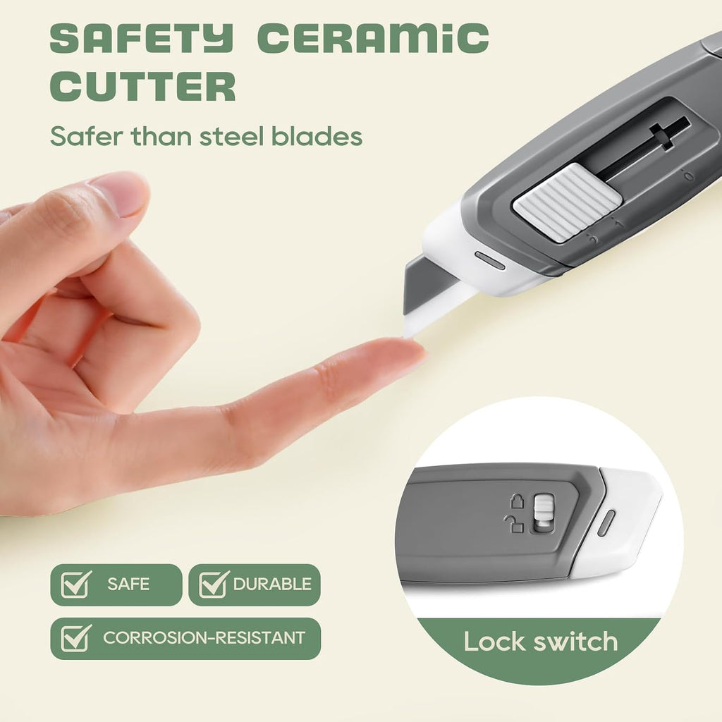 3-Pack Mini Ceramic Box Cutter, Retractable Utility Knife with Safety Lock & Keychain Hole, Magnetic Package Opener