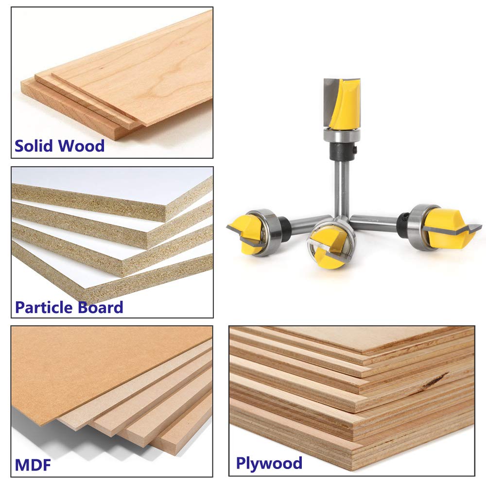 Flush Trim Router Bit Set, 4Pcs 1/4" Shank Ball Bearing Carbide | Anti-kickback anti-stick coating, balanced cut