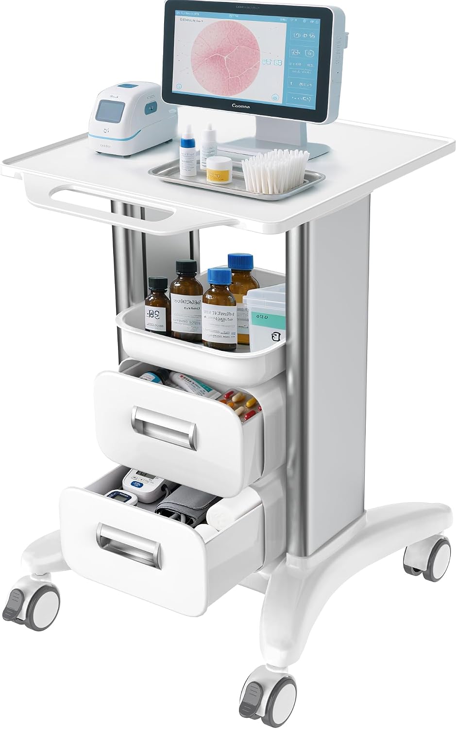 Medical Trolley Cart with Drawers, Hospital Mobile Ultrasound Cart with Trays & 4 Silent Swivel Wheels, 220 LBS Load