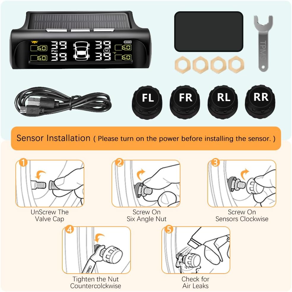 Tire Pressure Monitoring System - TPMS Tire Pressure Monitor System with Solar Charger, TPMS with 4 External sensors