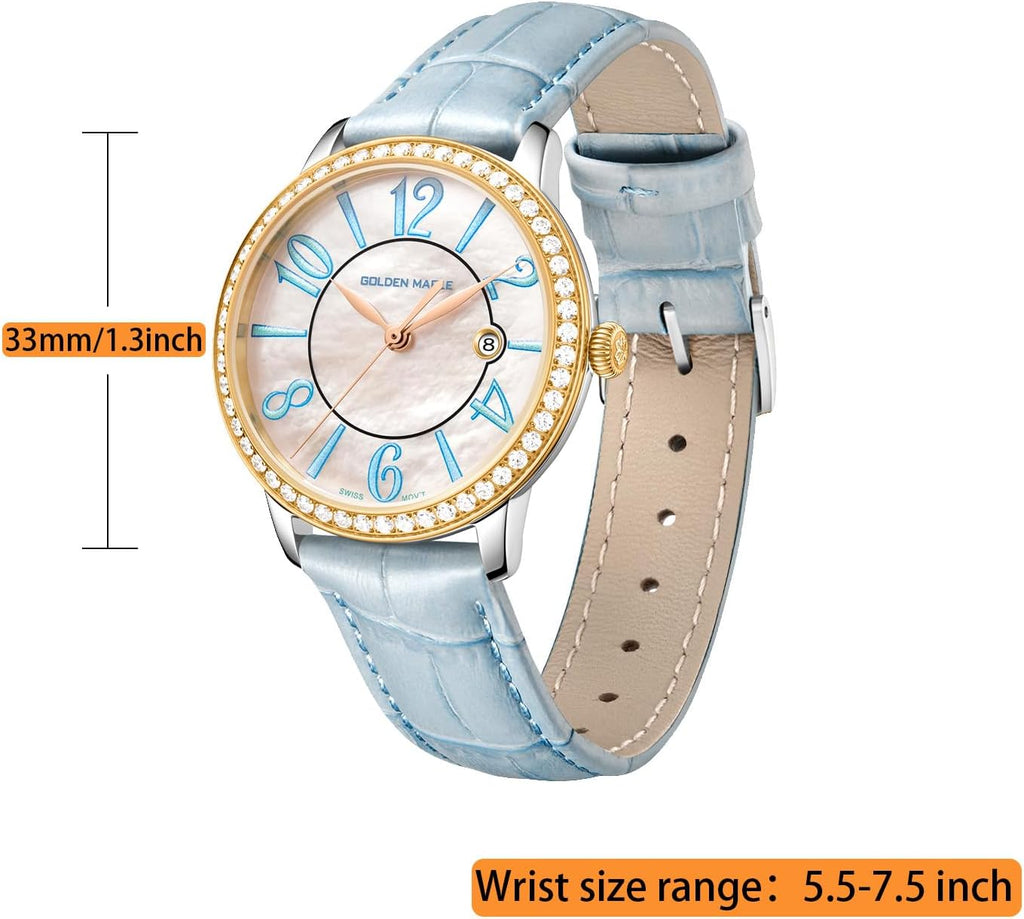 Dainty Watches for Women, Mother-of-Pearl Dial and Swiss Quartz Movement, Ladies Watch with Leather Strap