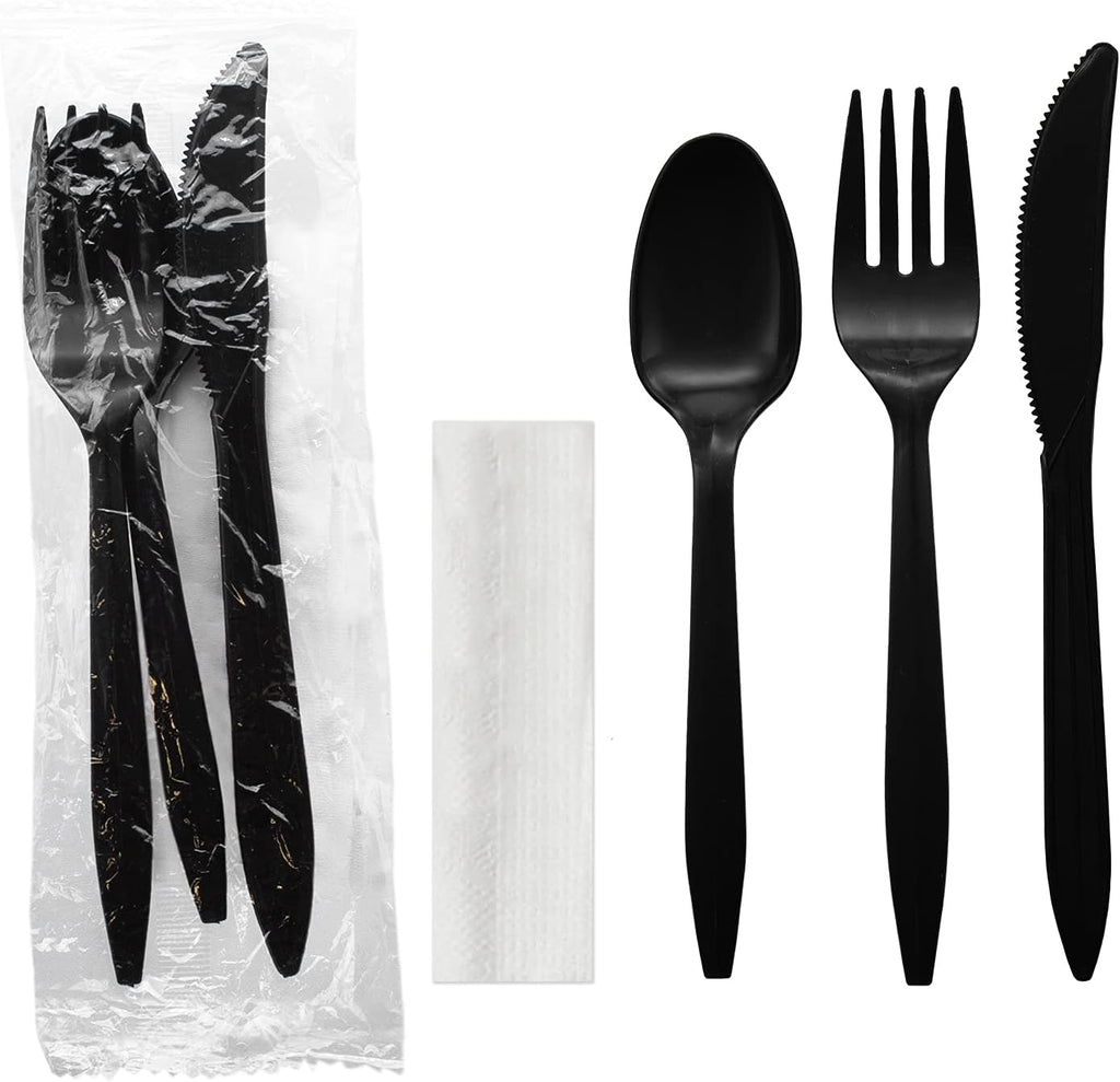 Individually Wrapped Plastic Cutlery Packets/Silverware Kits, Black Fork/Spoon/Knife/Napkin, 50 Sets