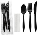 Individually Wrapped Plastic Cutlery Packets/Silverware Kits, Black Fork/Spoon/Knife/Napkin, 50 Sets