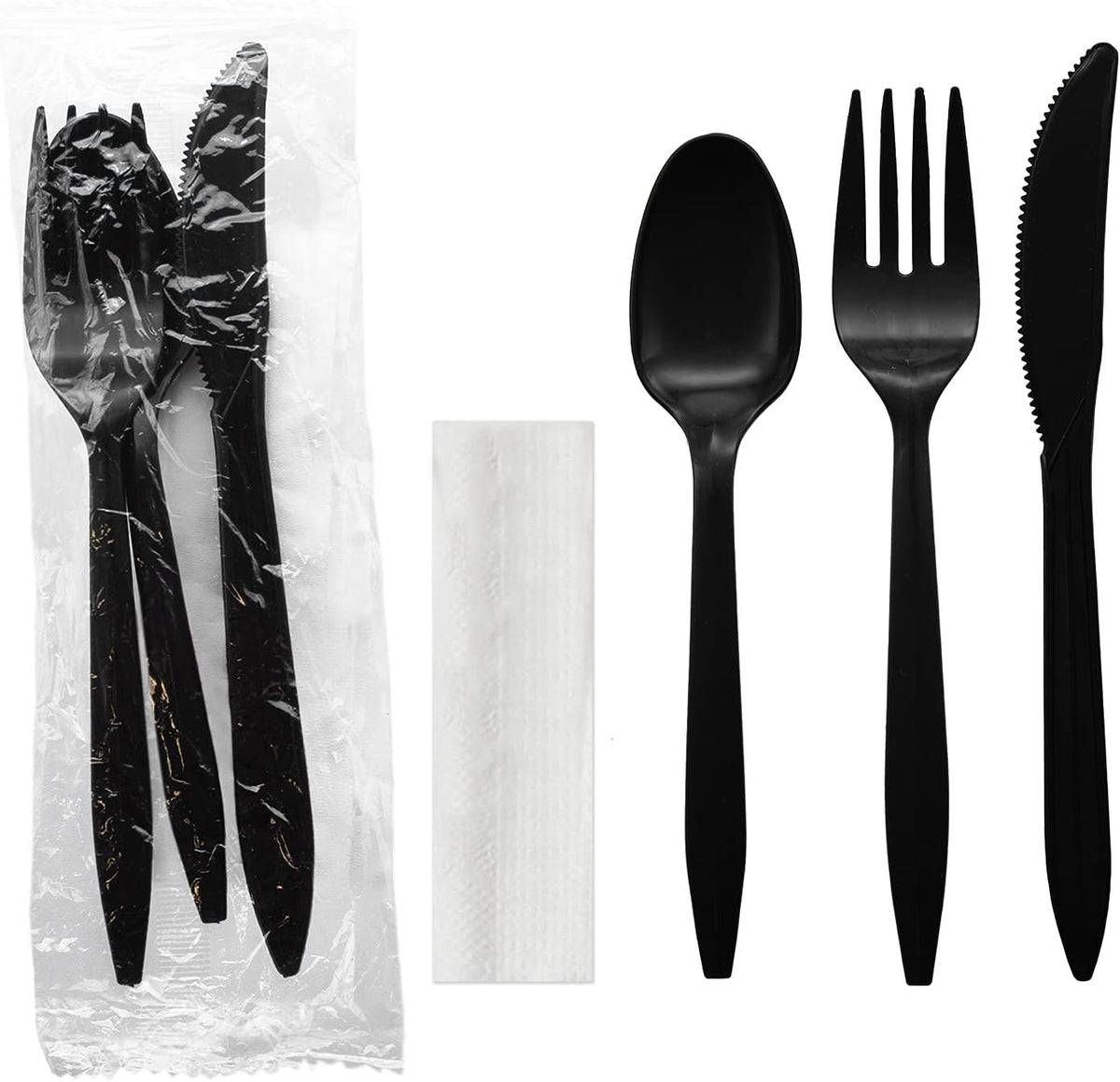 Individually Wrapped Plastic Cutlery Packets/Silverware Kits, Black Fork/Spoon/Knife/Napkin, 50 Sets