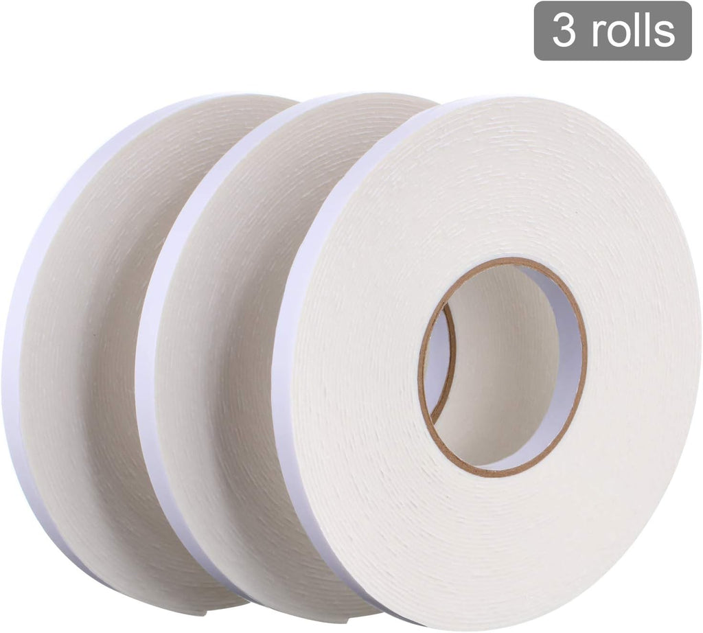 3 Rolls Double Sided Foam Tape, 1/2 Inch by 50 Feet, White