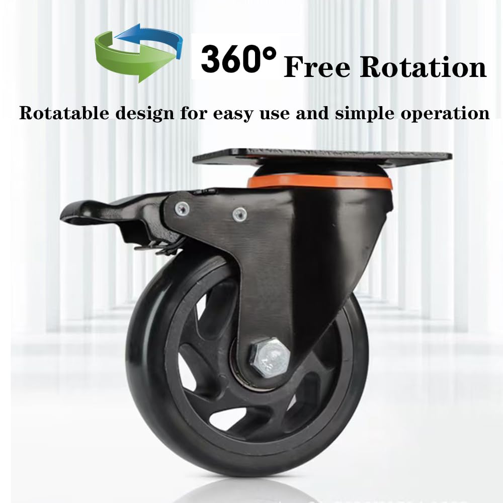 5 Inch Caster Wheels, Set of 6 Heavy Duty Swivel Plate Casters with Brake | Industrial Casters with Dual Ball