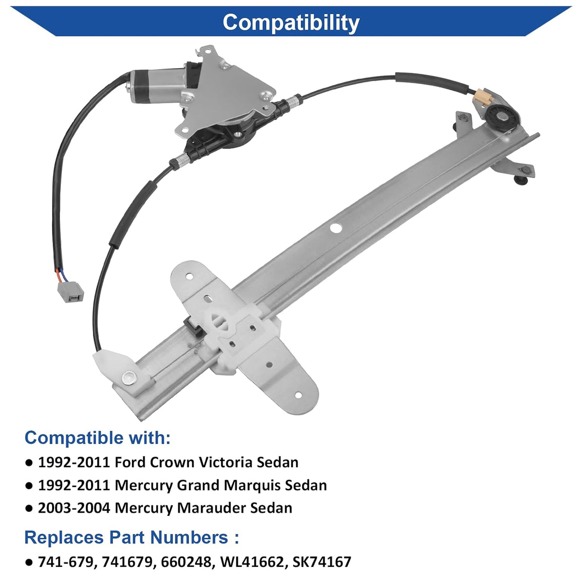 Obaee Window Regulator with Motor Rear Left Driver Side, Replace 741-679