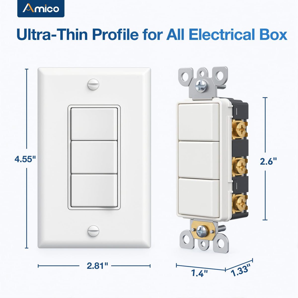 Amico 2 Pack Triple Light Switches, UL Listed 15 Amp 120/277V