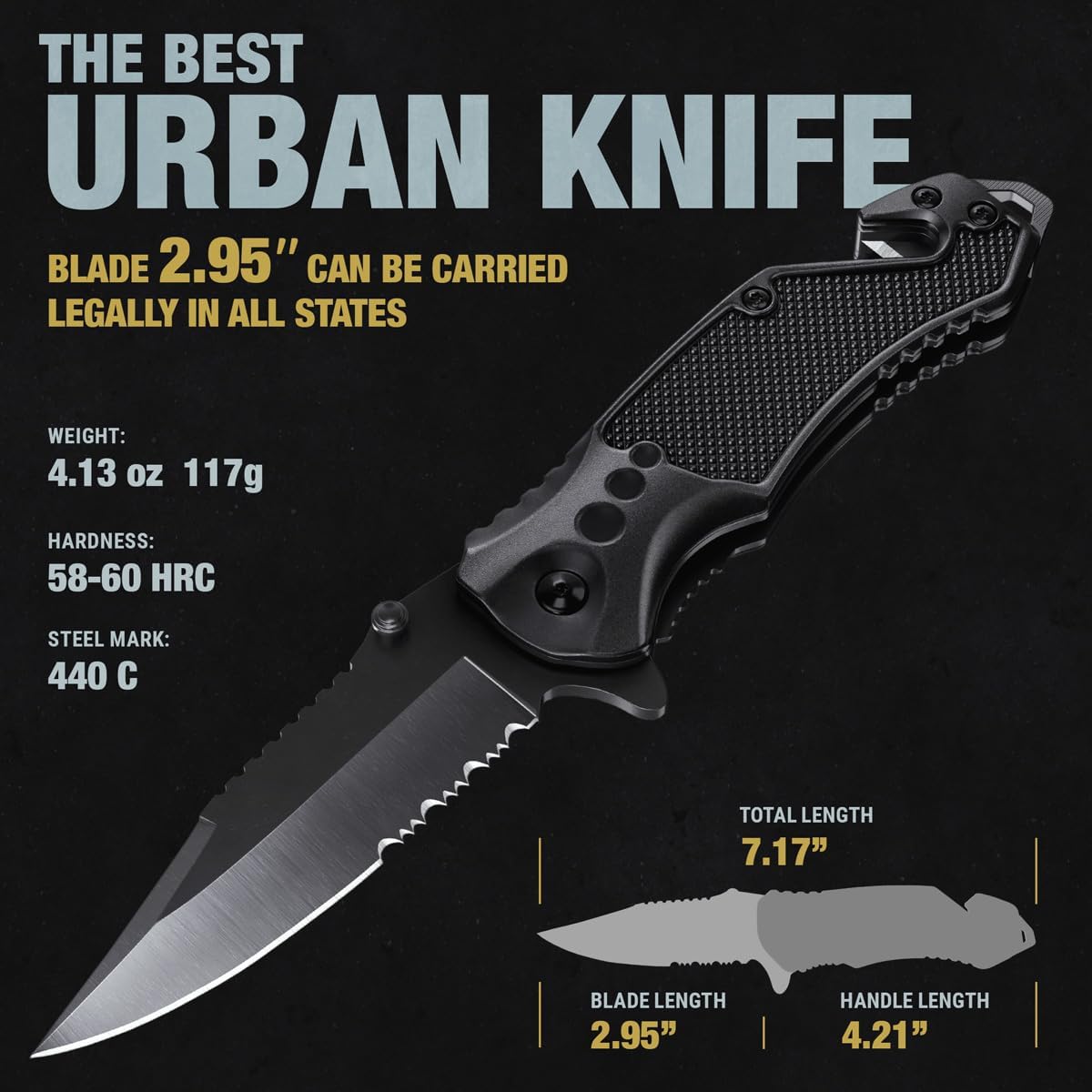 Legal Pocket Knife with 2.95” Serrated Blade, Glass Breaker, Seat Belt Cutter - EDC Sharp Folding Knives with