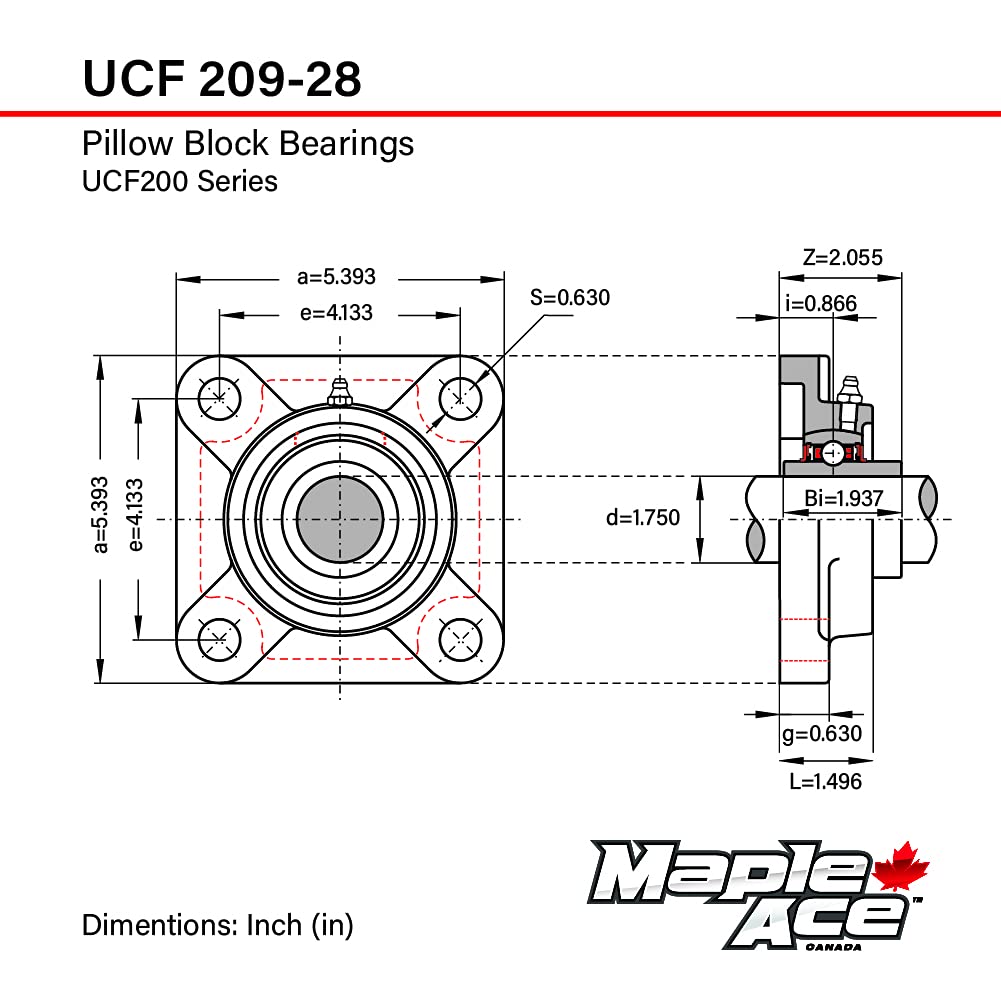 MAPLE ACE UCF209-28 Square Flange Bearing 1-3/4" Bore Self-Aligning (Qty 2)