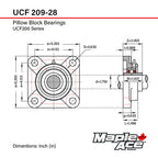 MAPLE ACE UCF209-28 Square Flange Bearing 1-3/4" Bore Self-Aligning (Qty 2)