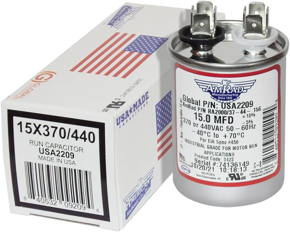 USA2209 Round Motor Run Capacitor, 15 MFD, 370/440 Vac