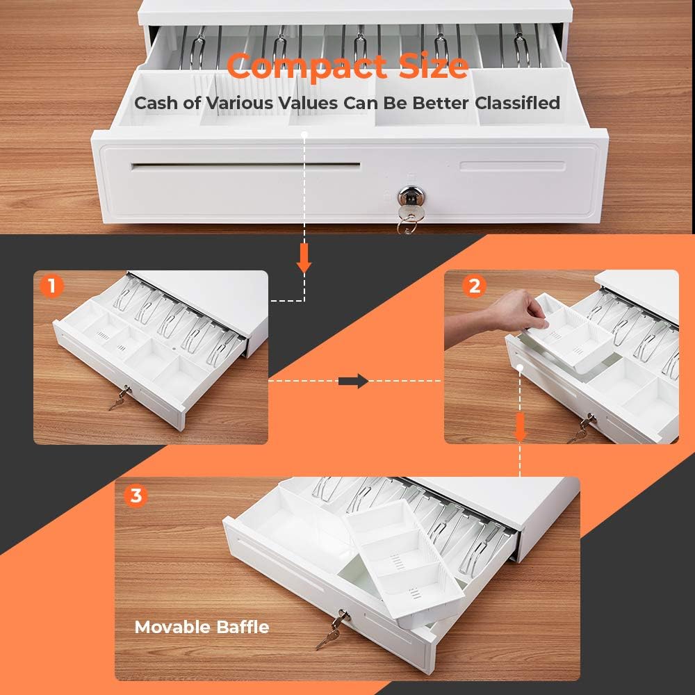 White Cash Register Drawer 16" White 5 Bill 5 Coin RJ11 RJ12 | Wide drawer with removable coin tray and 2 key-lock