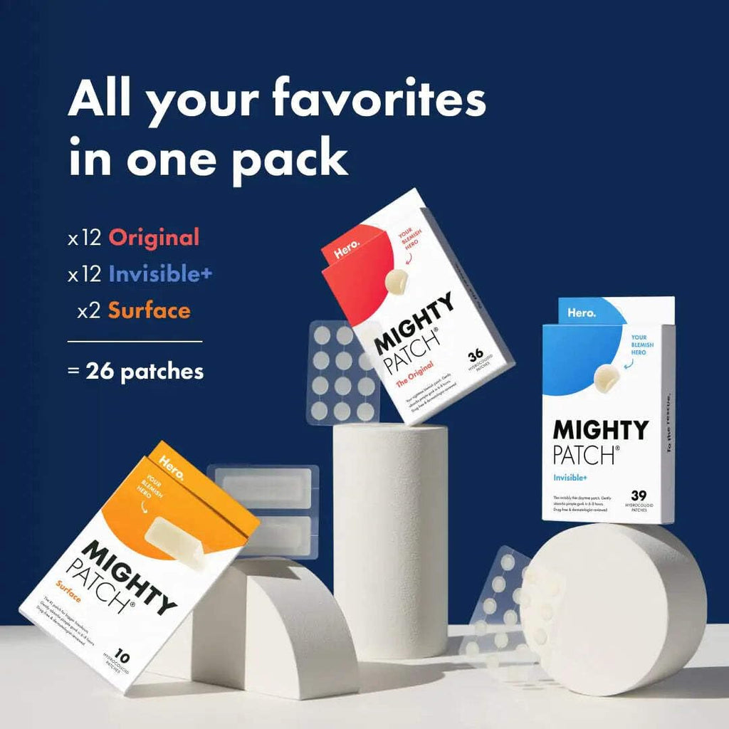 Hero Cosmetics Variety Pack of Acne Pimple Patches, 26 Ct | Includes Original, Invisible+, XL Surface Patches;