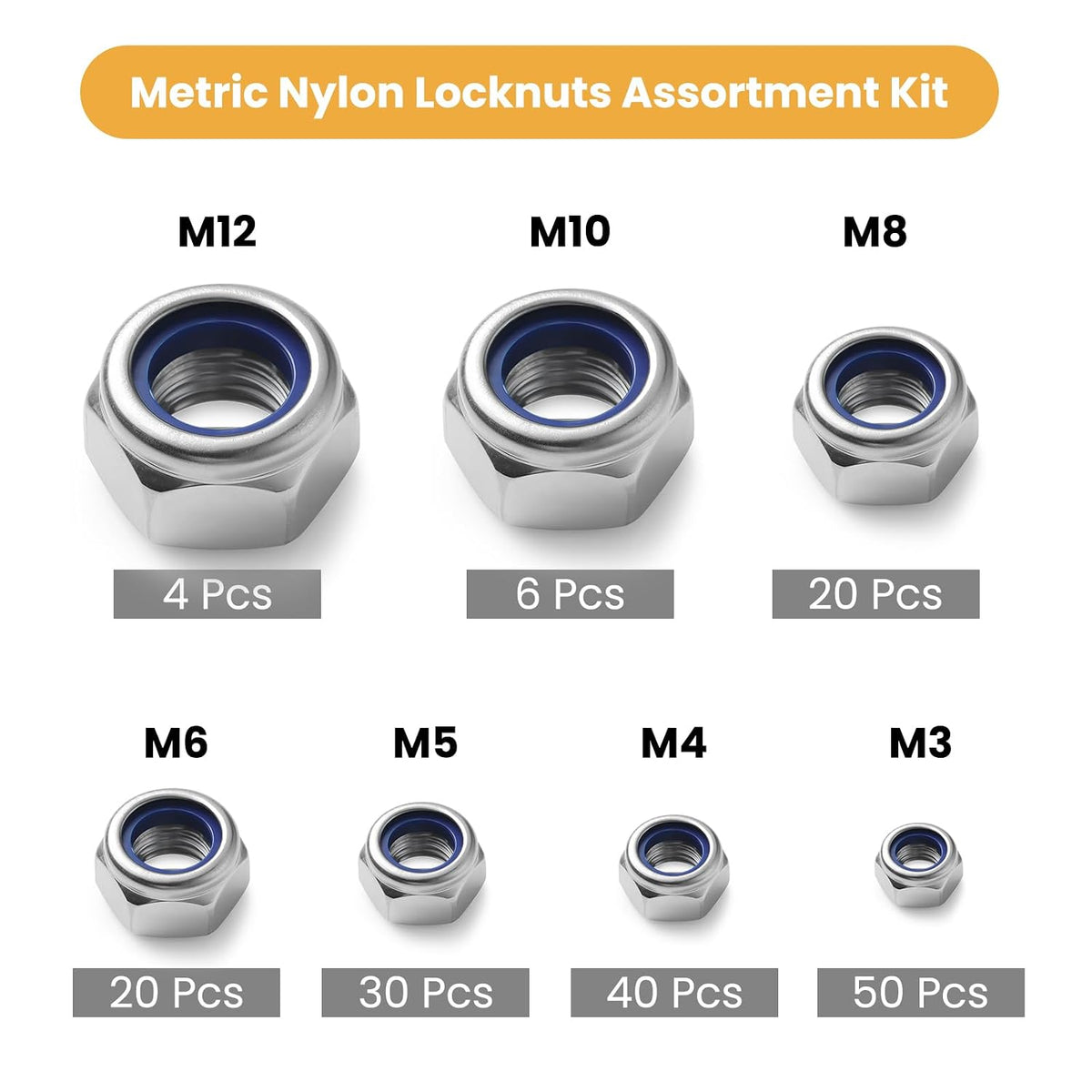 170PCS Metric Lock Nuts Assortment Kit, M3 M4 M5 M6 M8 M10 M12 Nylon Insert Locknuts Set, 304 Stainless Steel Self-Locking Nuts