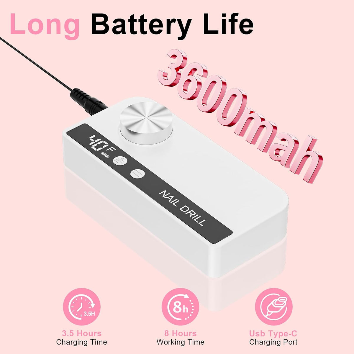 Professional Electric Nail Drill Kit, 40000RPM Rechargeable Nail File